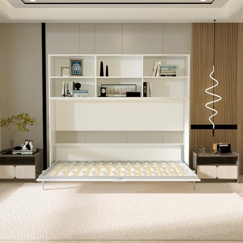 Full Size Murphy Bed Cabinet with Shelf and Drawers, Plywood Hidden Beds,Wall Bedframe for Bedroom,Space-Saving, Noise Free, White