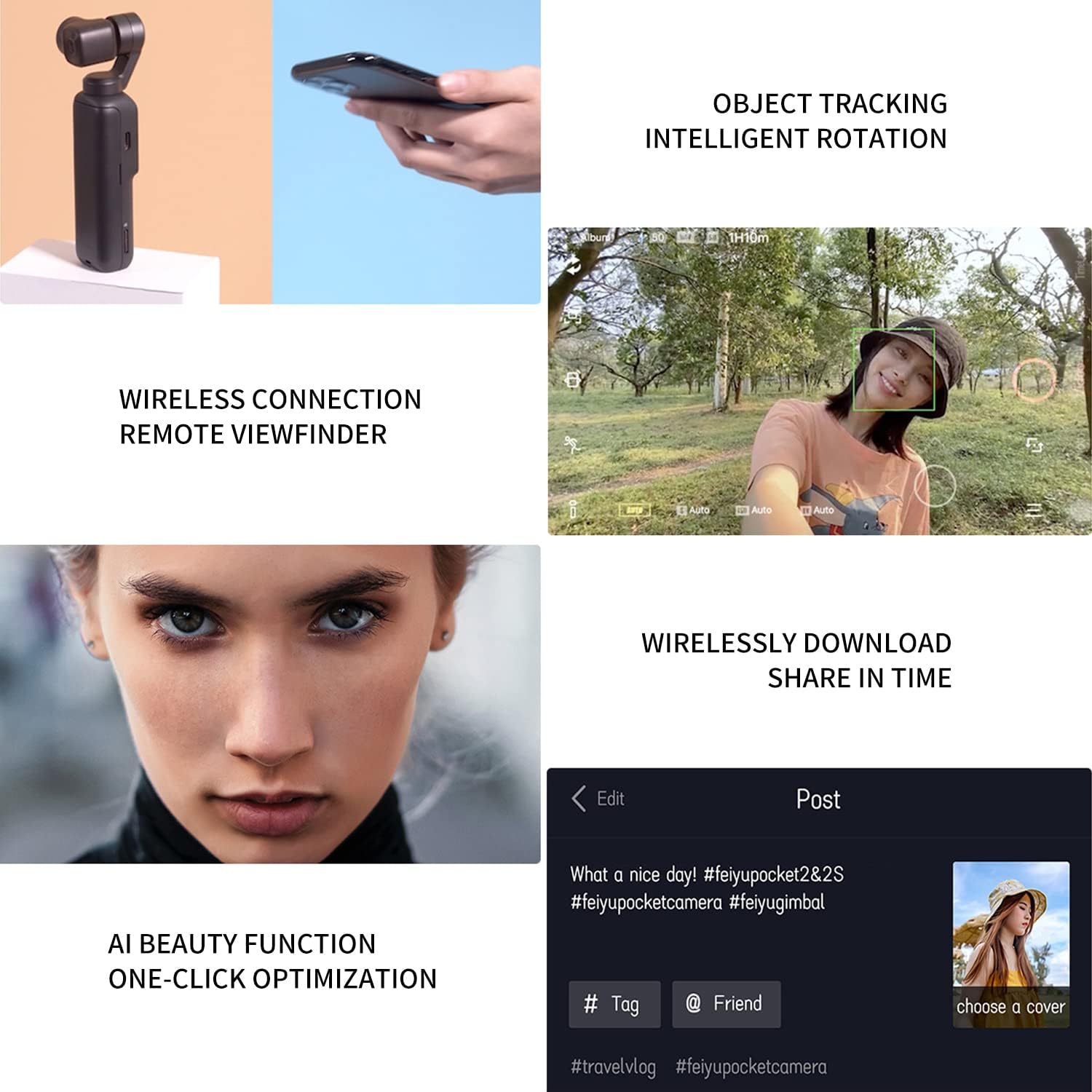 Feiyu Pocket 2-Light Handheld 3-Axis Gimbal Stabilized 4K Video Action Camera,130° View,Magnetic AL. Alloy Boby with Mic Speaker,4xZoom,12MP Photo