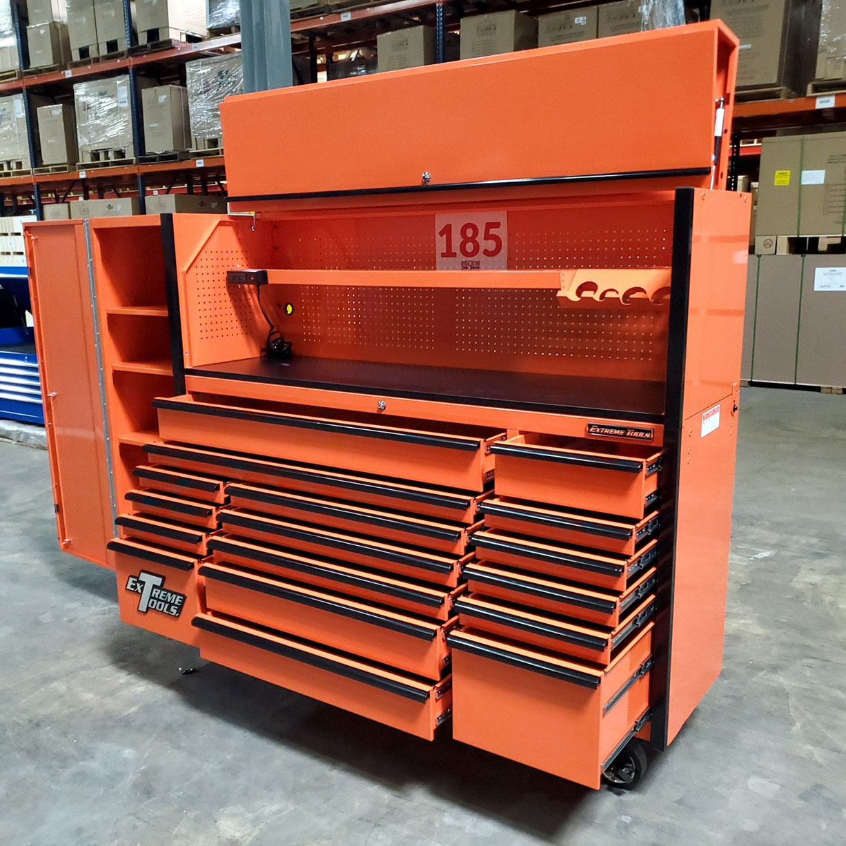 used toolboxScratch & Dent, Extreme Tools DX Series 72 x 21 Triple Bank Roller, Hutch & Side Locker Combo in Orange with Black