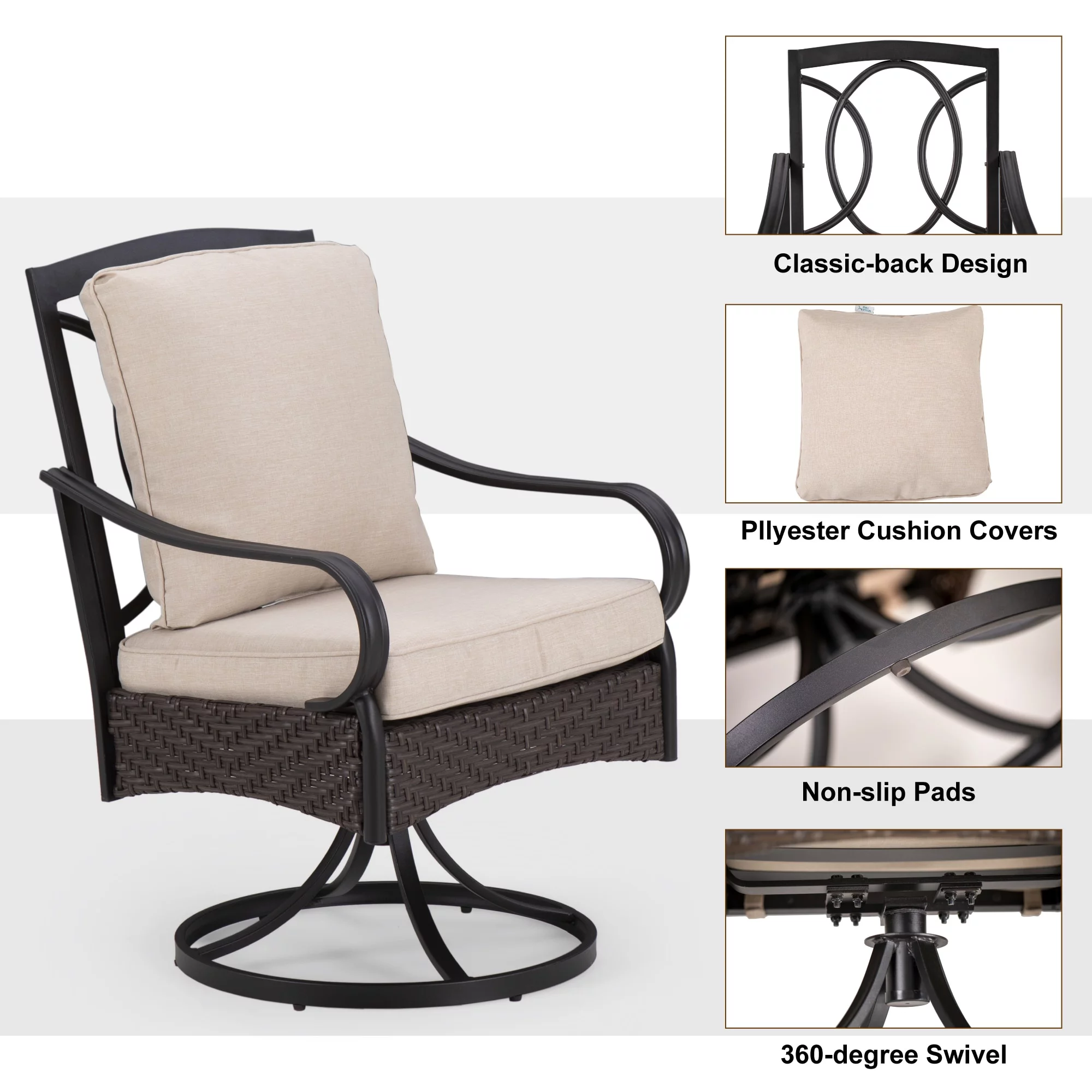 Phi Villa 7/8-Piece Patio Dining Set of 6 Swivel Metal Rattan Chairs with Deep-seating Chairs and Wood-like Table Top Table +Beoge Umbrella - 8-Piece