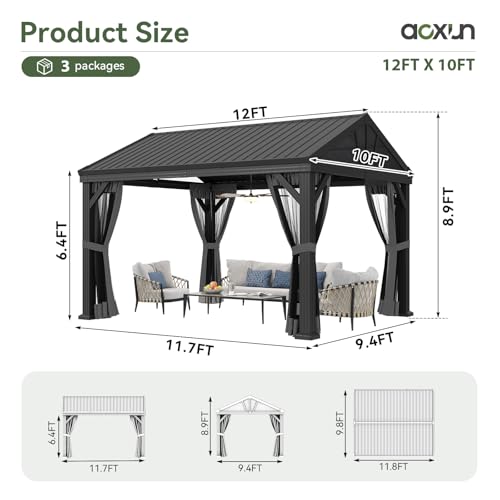 Aoxun 10' X 12' Hardtop Gazebo, Aluminum Outdoor Gazebo with Galvanized Steel Gable Roof Canopy, Patio Permanent Metal Pavilion with Netting