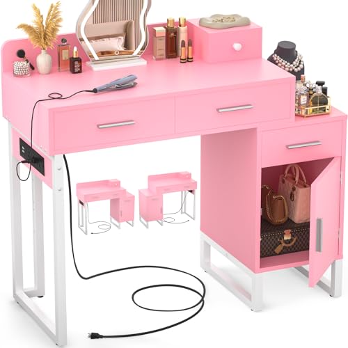 Vanity Desk with 4 Storage Drawers - Modern Makeup Vanity Table with Charging Station