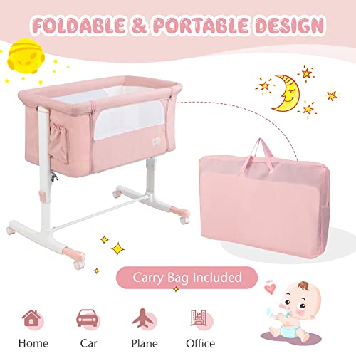 BABY JOY Bassinet Bedside Sleeper, 3 in 1 Folding Crib w/Adjustable Height, Mattress, Lockable Wheels, Storage Pocket & Carry Bag for Infant Newborn
