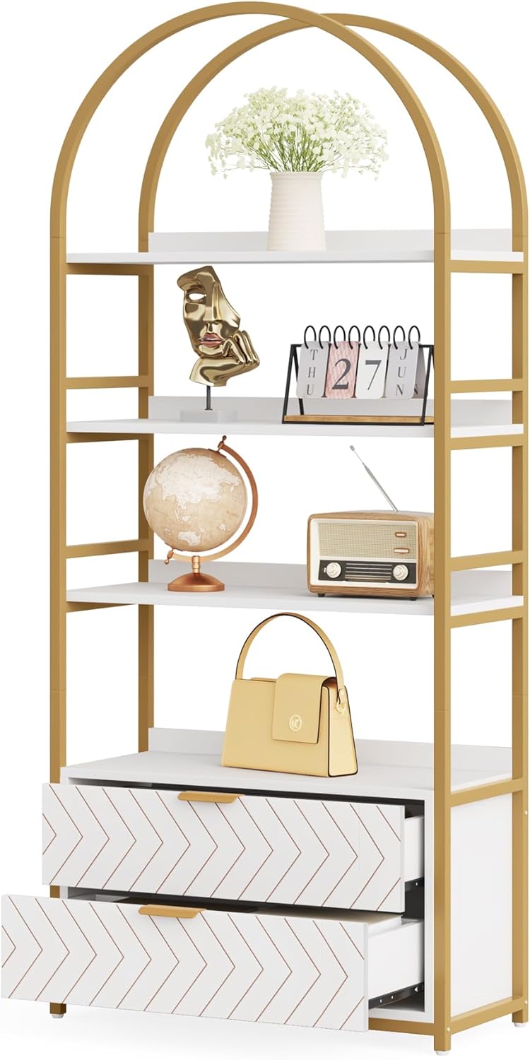Tribesigns 4-Tier Bookshelf with 2 Drawers, 74.80”H Tall Bookcase 4 Display Shelf Small Place