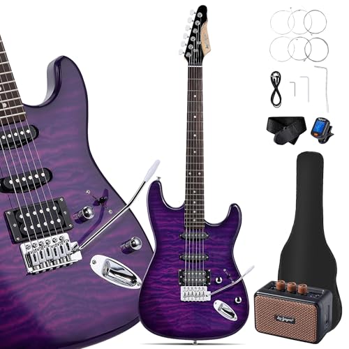 Leo Jaymz 39" Full Size ST Style Electric Guitar Starter Kit with SSH Pickup, 5W Portable Amp, Tuner, Gig Bag, Strap & Accessories (Violet Ocean)