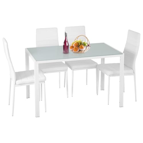 FDW | 5-Piece Dining Table Set | Glass Kitchen Table with 4 Upholstered Chairs | Space-Saving Design | Faux Leather Cushions | Modern Rectangular