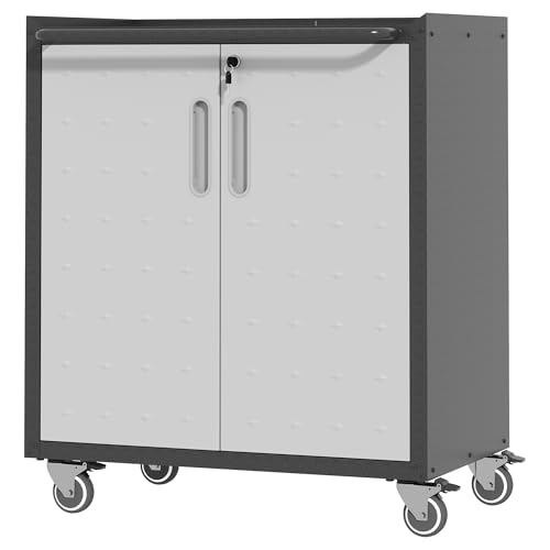 Metal Storage Cabinet with Wheels, Lockable Garage Cabinet with Doors and Shelves, Rolling Tool Storage, Assembly Required, Black