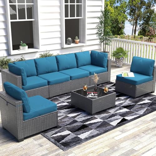 6 Piece Outdoor Patio Furniture Set with Coffee Table, Rattan Deck Conversation Sofa Set