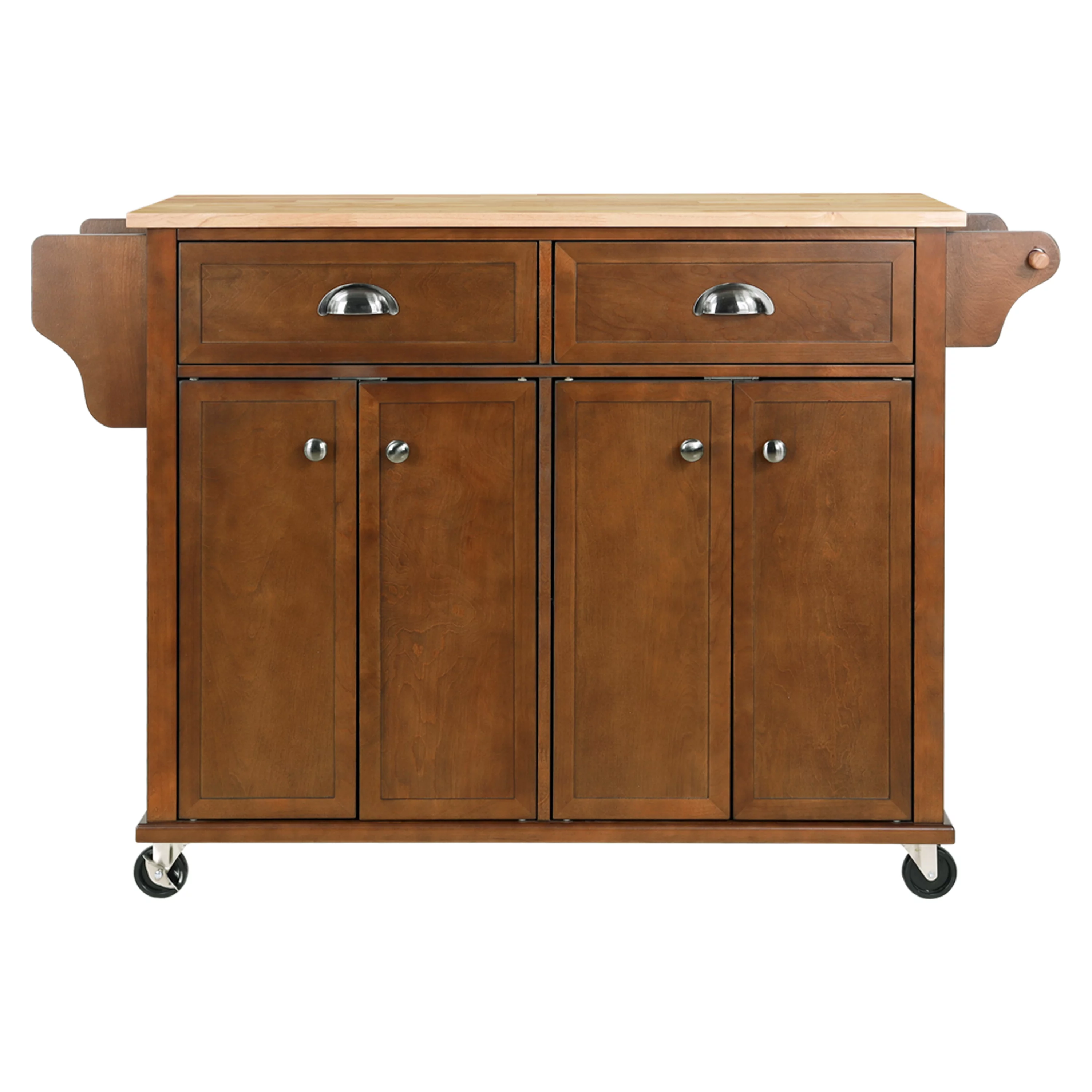 Rolling Kitchen Island Cart with Large Storage Cabinet on Wheels, Solid Rubberwood Countertop with Drop Leaf, Greenguard Gold Certified, 4-Droors