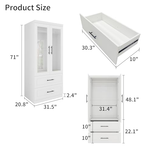 Wood Armoire Wardrobe Closet with Mirror,3 Door Bedroom Armoires Wardrobe Closet with 2 Drawers