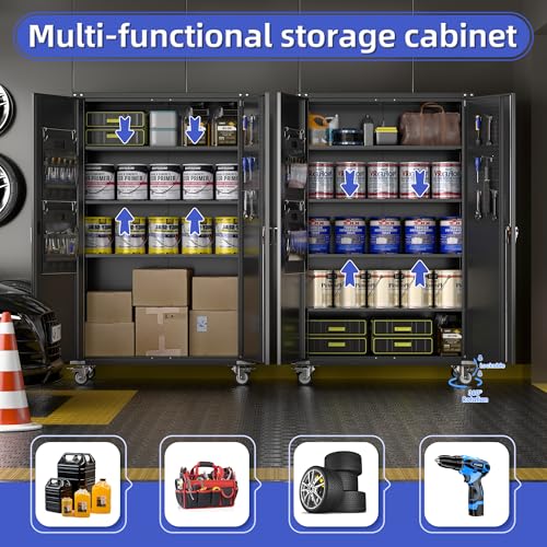 Metal Storage Cabinet with Wheels, 73" H Rolling Garage Cabinets with Locking Doors and Adjustable Shelves for Home Office, Basement, Pantry, Workshop