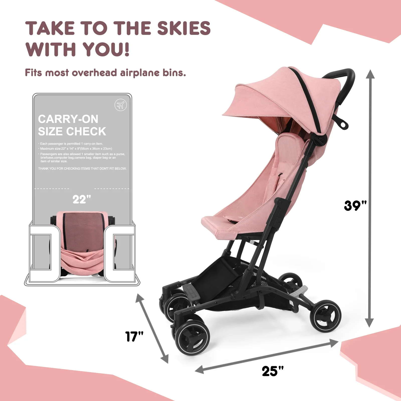 HARPPA Lightweight Travel Stroller, Compact Umbrella Stroller for Babies, Easy Folding, Pink