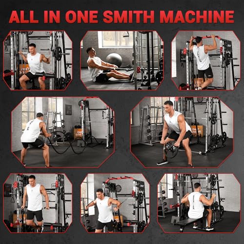 Smith Machine Home Gym All in One, 2200LBS Squat Rack Power Cage with Smith Bar, LAT Pull-Down, Cable Systems, Leg Hold-Down and More Attachments