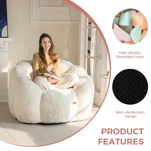 MAXYOYO Bean Bag Chair for Adults, Floral Shaped Bean Bag Sofa, Ultra Soft Faux Fur Floor Sofa, Large Reading Chair for Living Room Bedroom, Beige