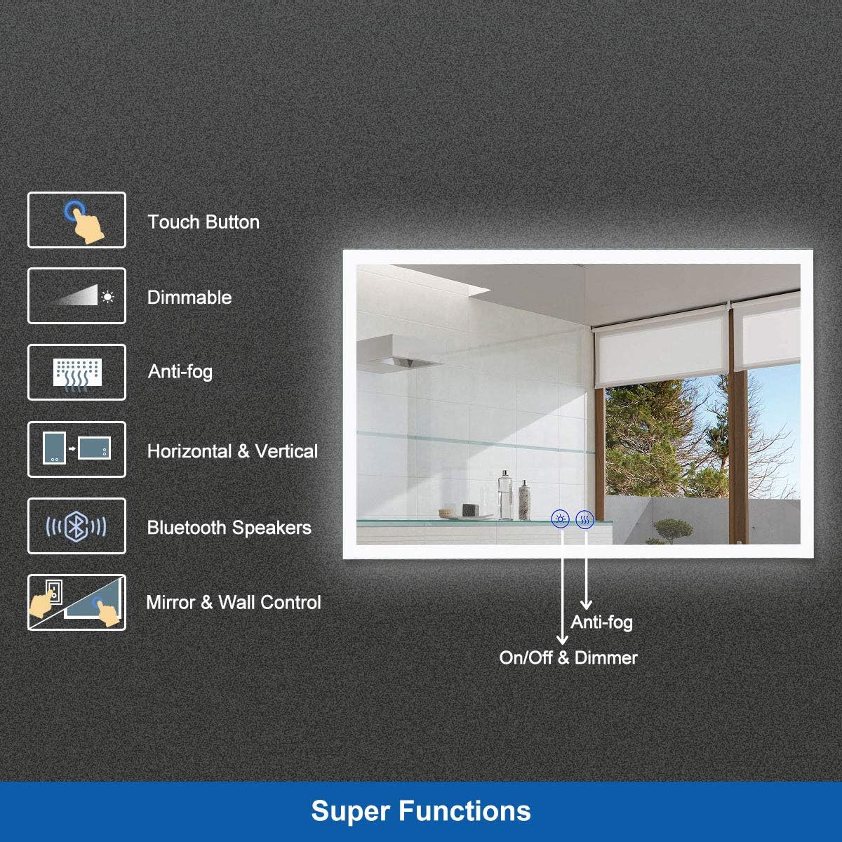 Dimmable LED Bathroom Mirror with Anti-Fog Function, 36x28 in Vertical & Horizontal Mount Illuminated Mirror with Touch Button, CRI>90