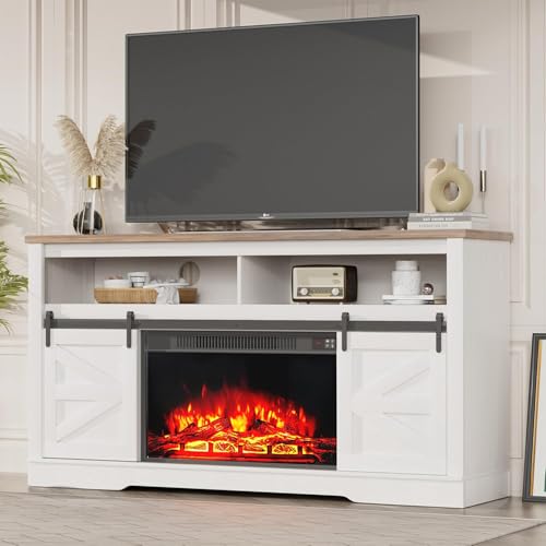 YESHOMY Farmhouse TV Stand for Televisions up to 65 Inches, Sliding Barn Doors and Storage Cabinets