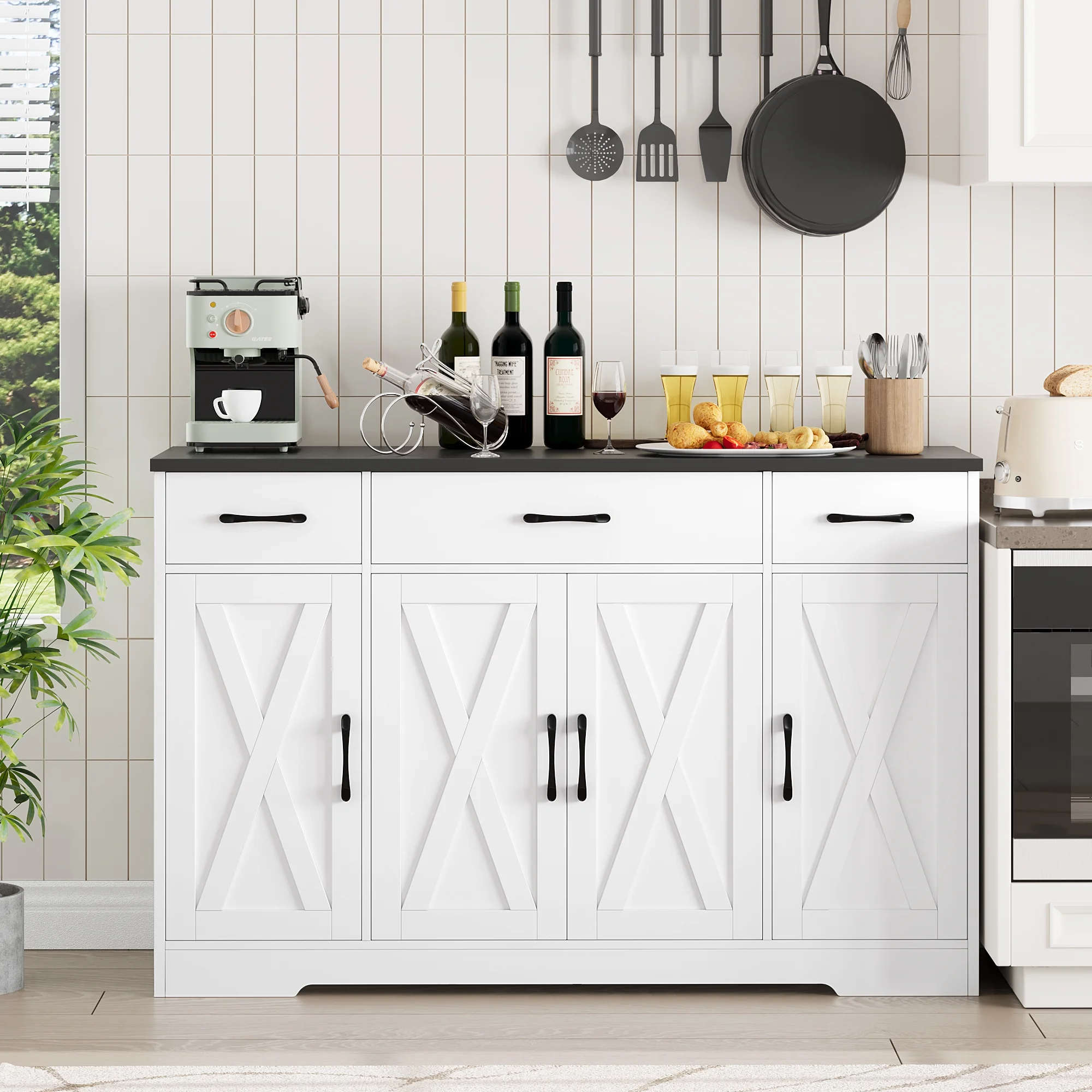 Homfa 55.1‘’ Farmhouse Kitchen Sideboard, 4-Doors 3-Drawers Wood Buffet Cabinet with Adjustable Shelves, Black & White