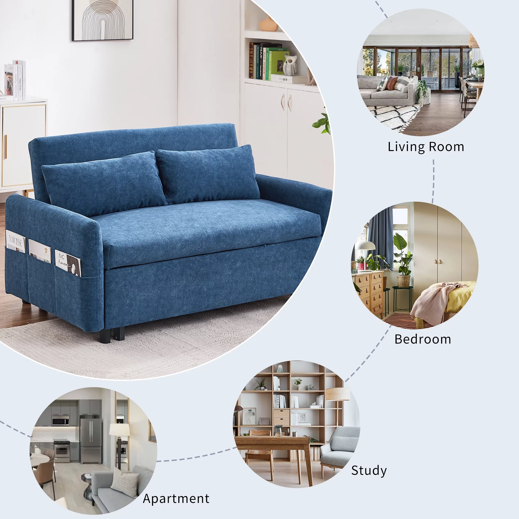 Churanty 55.1" Pull Out Sleep Sofa Bed Loveseats Sofa Couch with Adjsutable Backrest, Storage Pockets, 2 Soft Pillows for Living Room, Bedroom