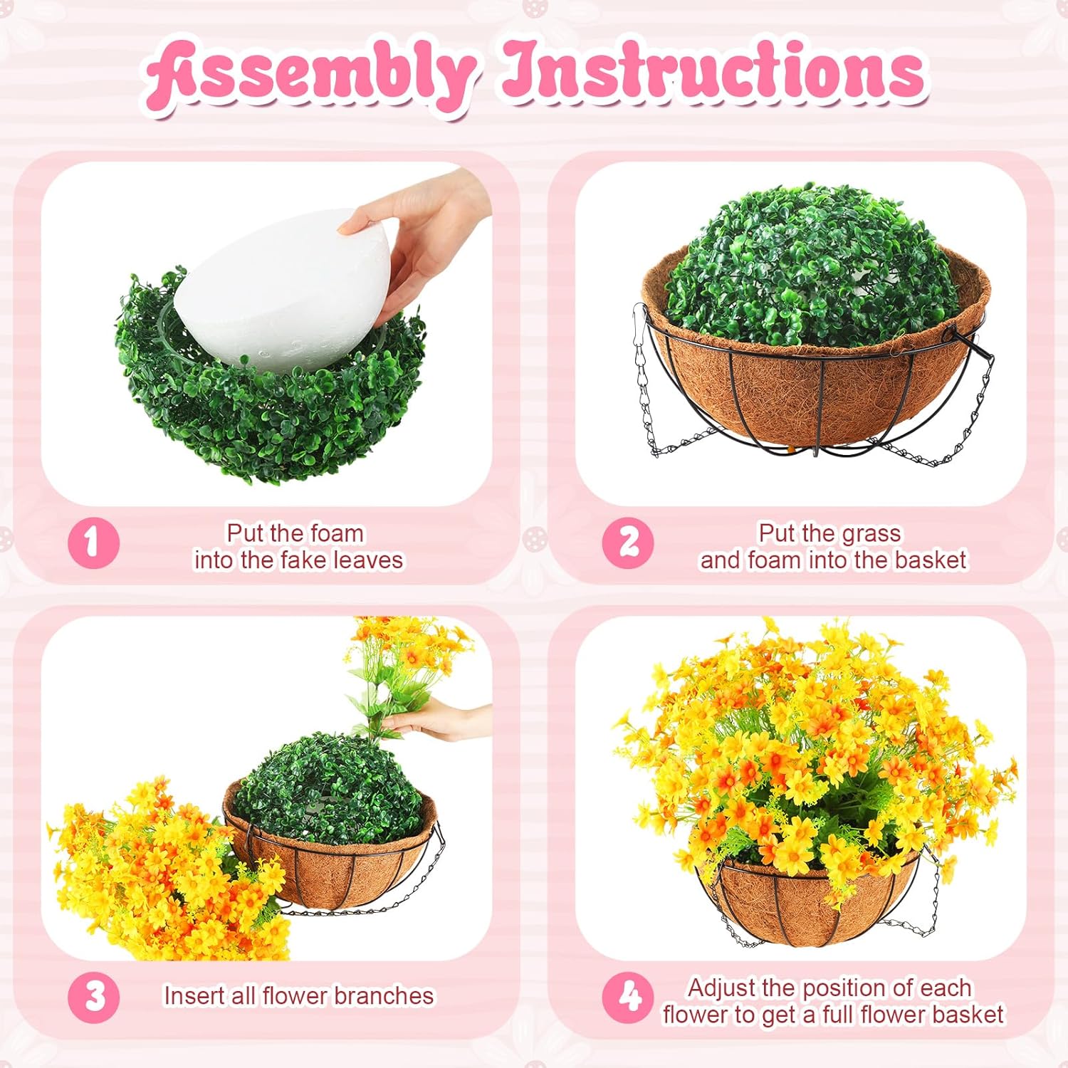 4 Pack Artificial Hanging Flowers in Basket Artificial Daisy Arrangement with 12 Inch Coconut Lining Realistic Artificial Hanging Plants for Outdoor