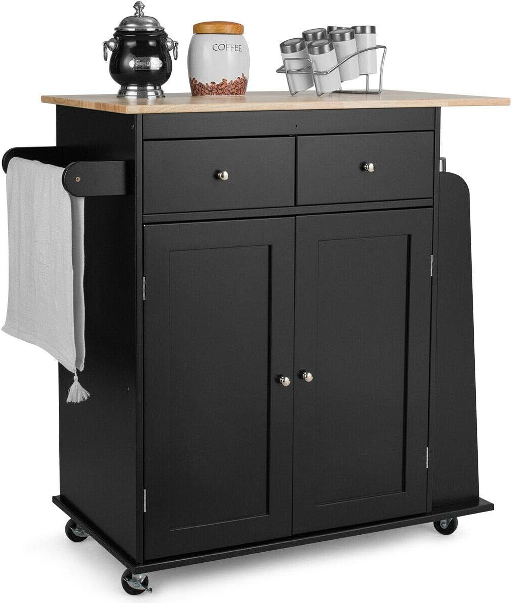 Black Rolling Kitchen Trolley Island Utility Serving Cart 2 Drawers 2 Doors Storage Cabinet 3-Tiers Spice Rack Rubber Wood Countertop Cutlery Utensil
