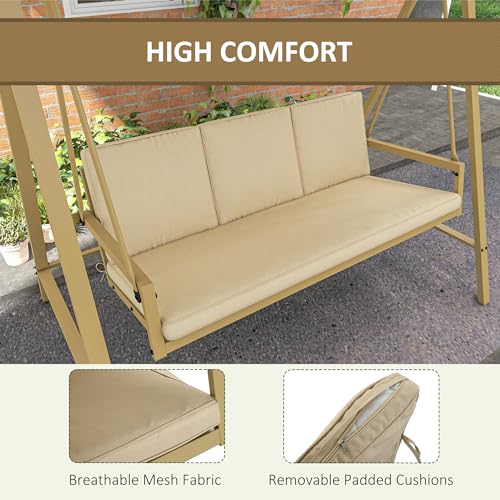 Outsunny 3-Seat Outdoor Porch Swing with Stand, Heavy Duty Patio Swing Chair with Adjustable Canopy, Removable Cushions