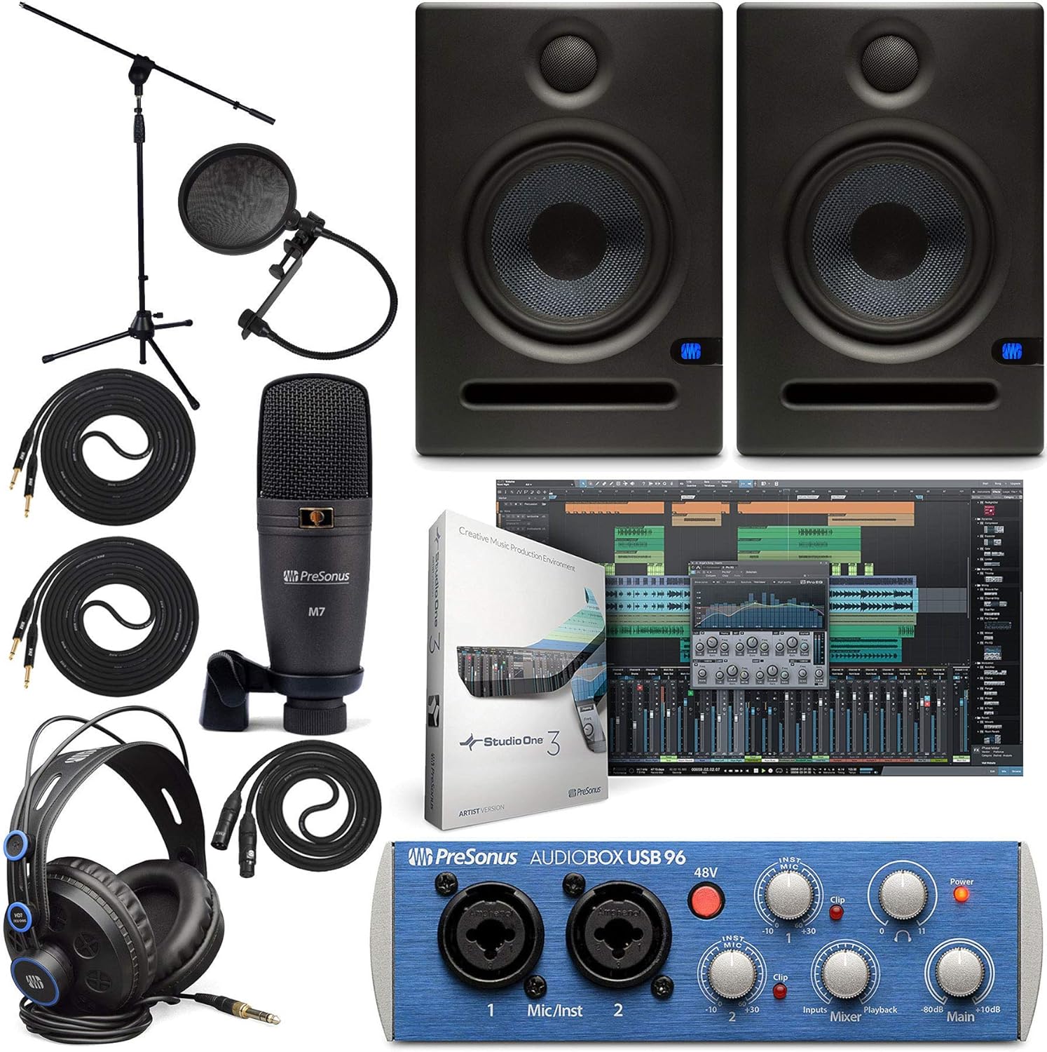 PreSonus AudioBox 96 Audio Interface (May Vary Blue or Black) Full Studio Bundle with Studio One Artist Software Pack with Eris 4.5 BT Pair Studio