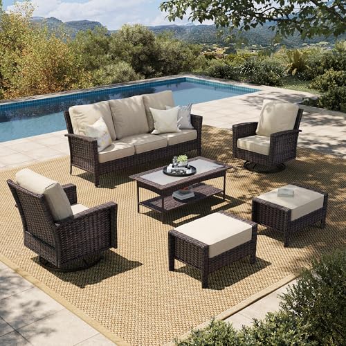 HERA'S HOUSE High Back Patio Furniture Set with Swivel Chairs, Outdoor Wicker Conversation Sets with 5.5" Comfy Cushions, 4 Piece Outside Sofa Sets