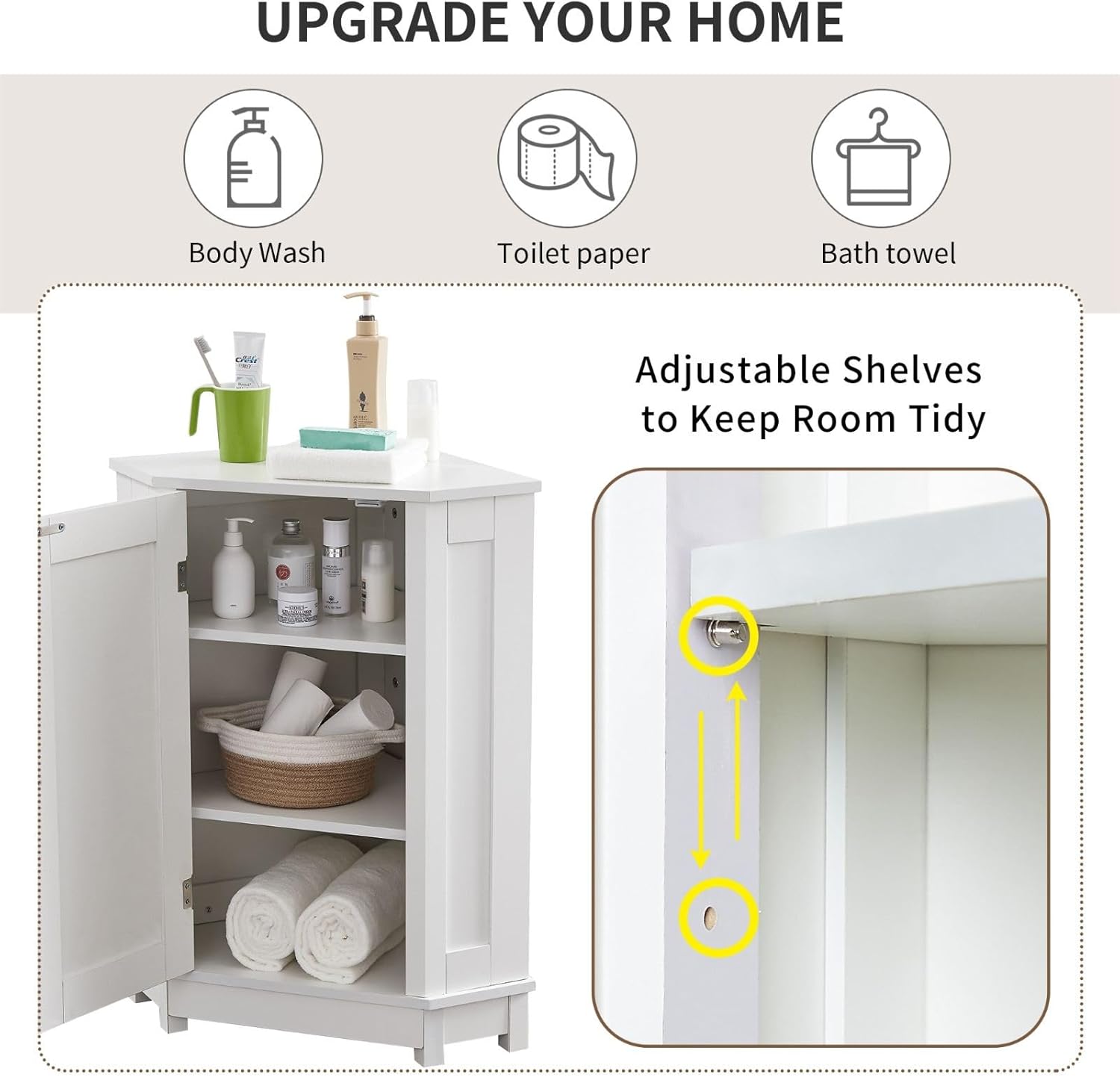 Stylish White Corner Cabinet with Adjustable Shelves, Space-Saving Design, Ideal for Bathroom, Living Room or Dining Room