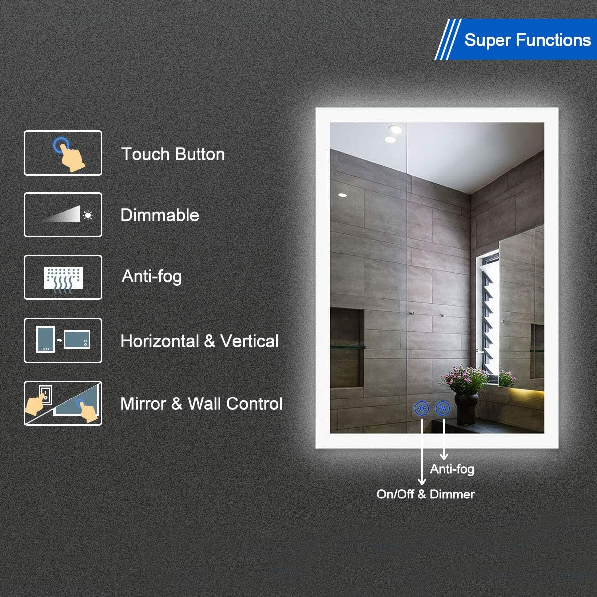 Dimmable LED Bathroom Mirror with Anti-Fog Function, 36x28 in Vertical & Horizontal Mount Illuminated Mirror with Touch Button, CRI>90
