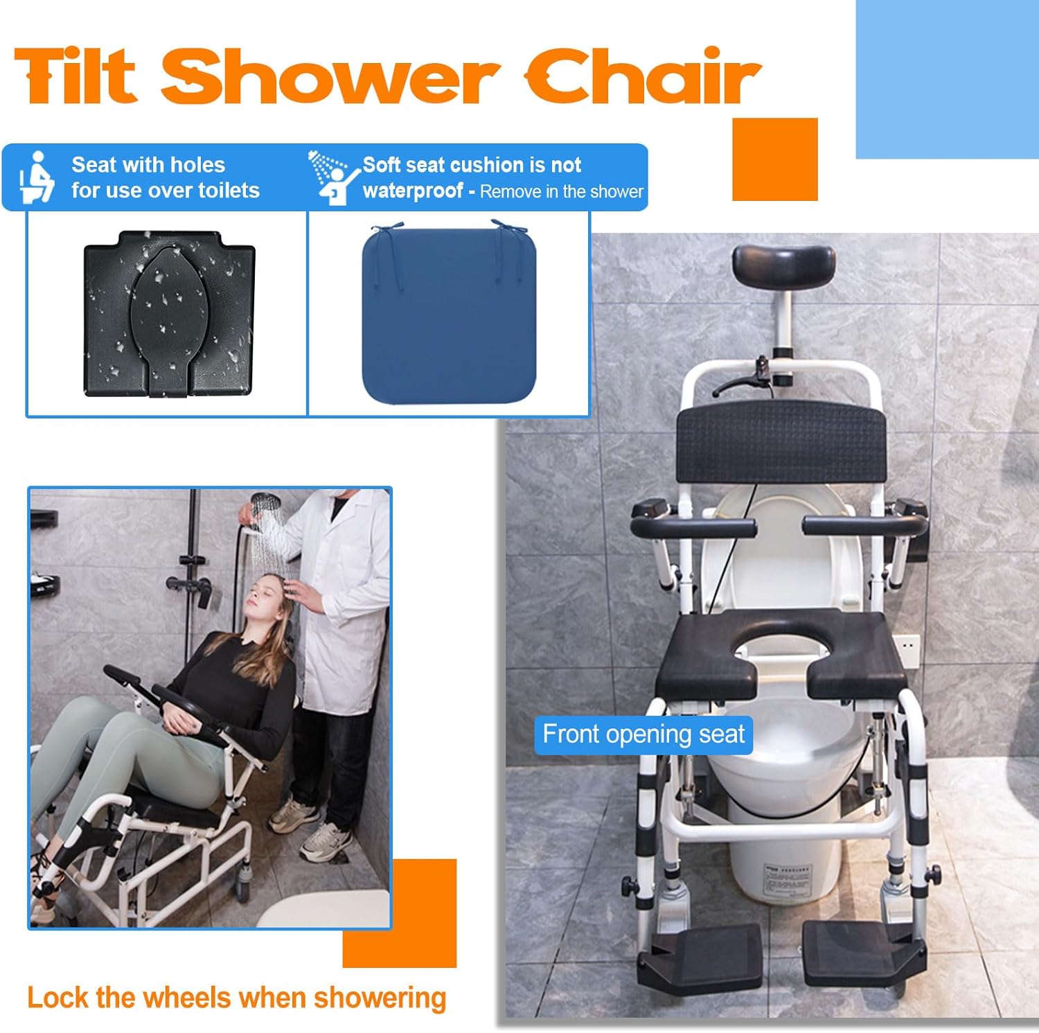 Upgrade Cushion-Juiwere Shower Chair with Arms and Back,Reclining Shower Chair with Wheels,Tilt 45° Shower Wheelchair with Headrest
