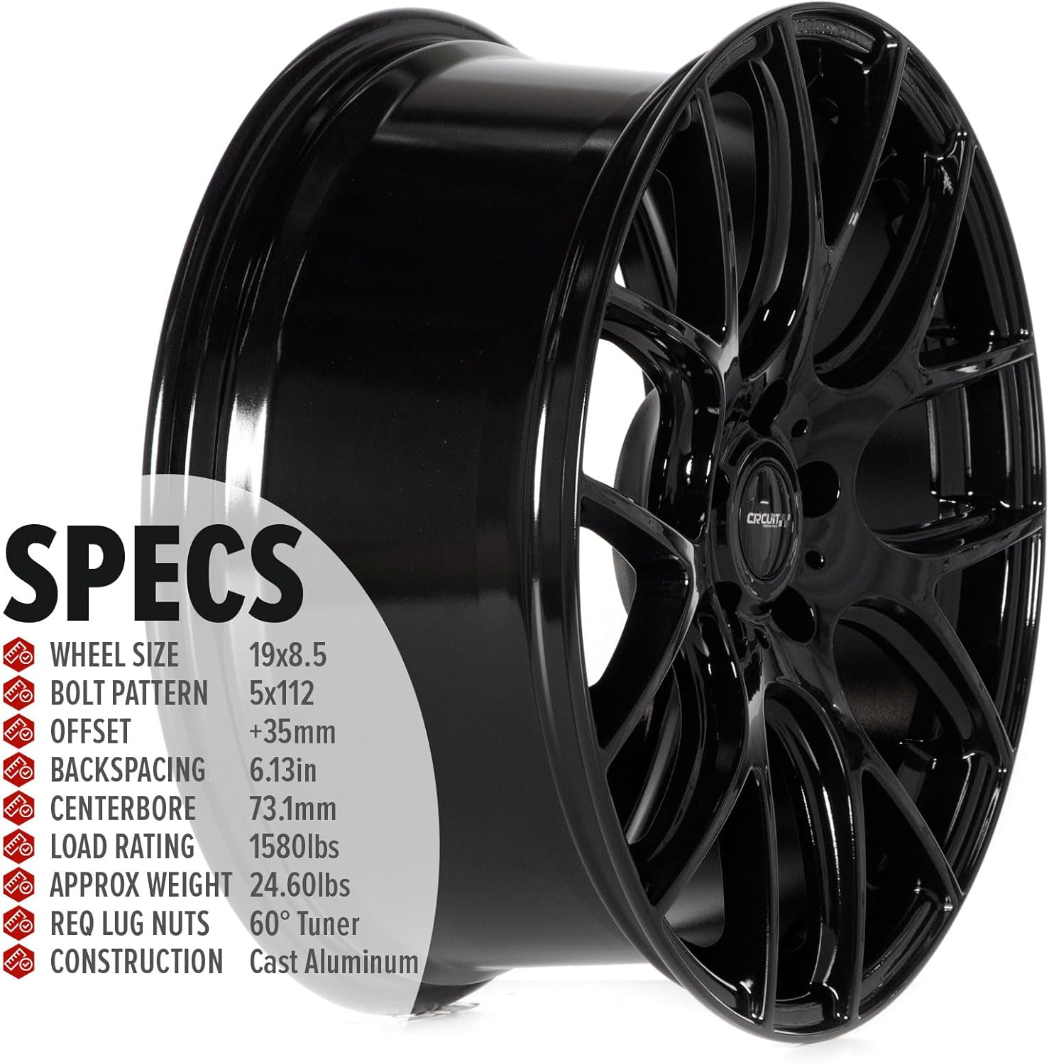 Circuit Performance CP31 19x8.5 Wheel Gloss Black 5x112 Bolt Pattern, 19 Inch, 35mm Offset, 73.1mm CB, Compatible VW Volkswagen, Audi, Mercedes Wheels