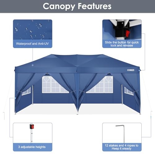 COBIZI Canopy 10x20 Pop Up Canopy Tent with 6 Sidewalls Party Tents for Parties Weddings Backyard Waterproof Canopy Outdoor Commercial Canopy Event