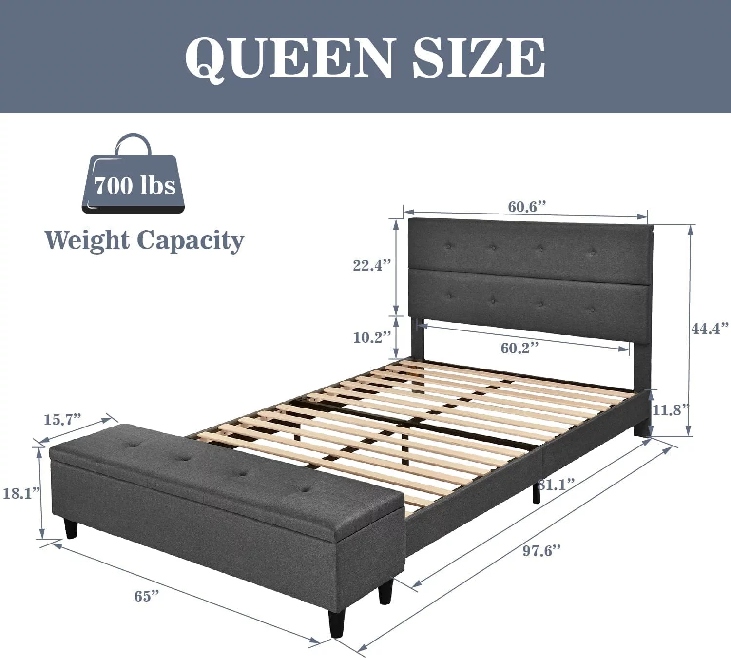 Allewie Queen Size Upholstered Platform Bed Frame with Storage Bench, Dark Grey