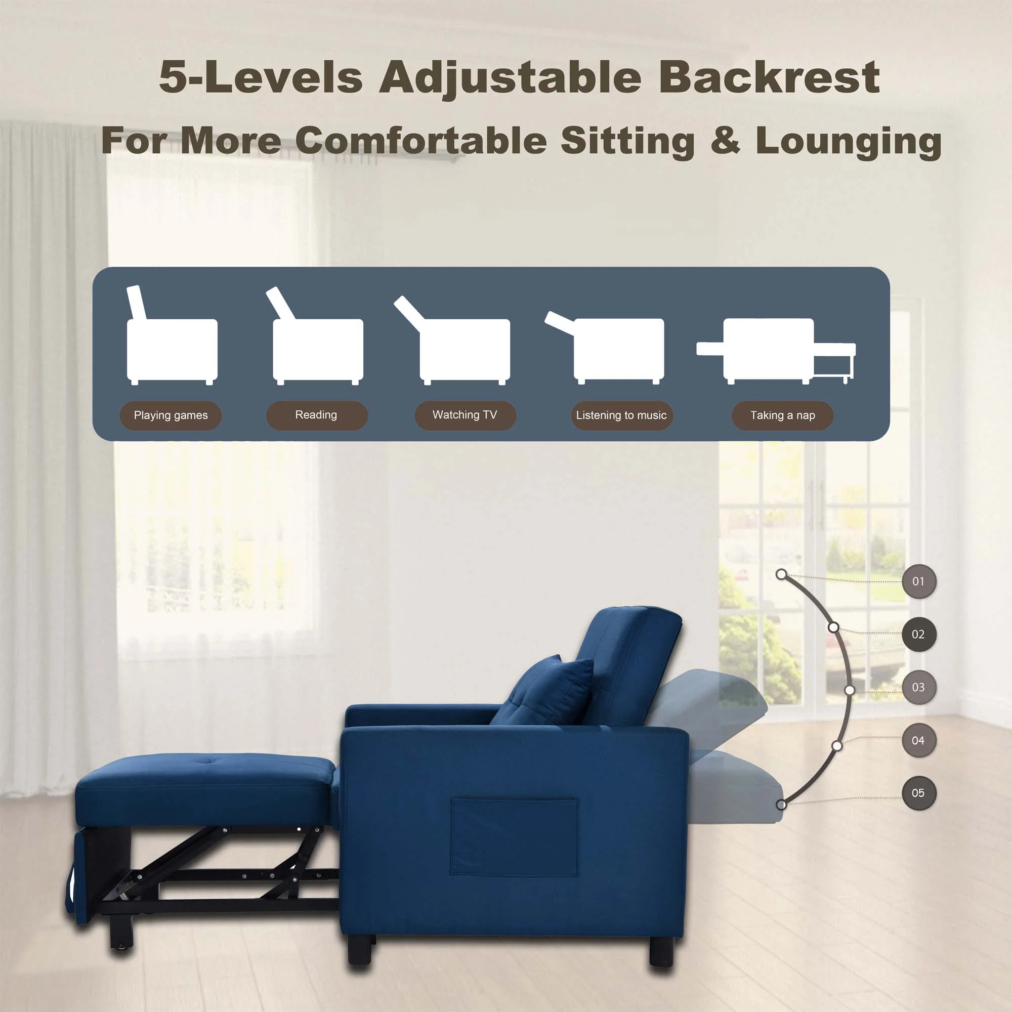 Aukfa Single Sofa Bed with Pull Out Sleeper, Convertible Futon Chair with Pocket for Living Room/Small Space - Blue