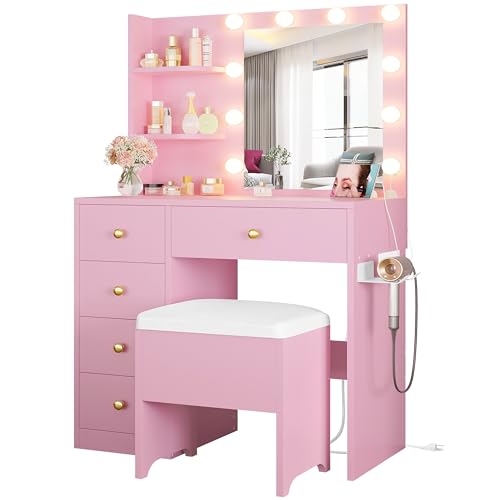 IRONCK Vanity Desk with Mirror and Lights, Small Makeup Vanity Table with 5 Drawers, Power Outlet, and Vanity Stool, 3 Lighting Colors