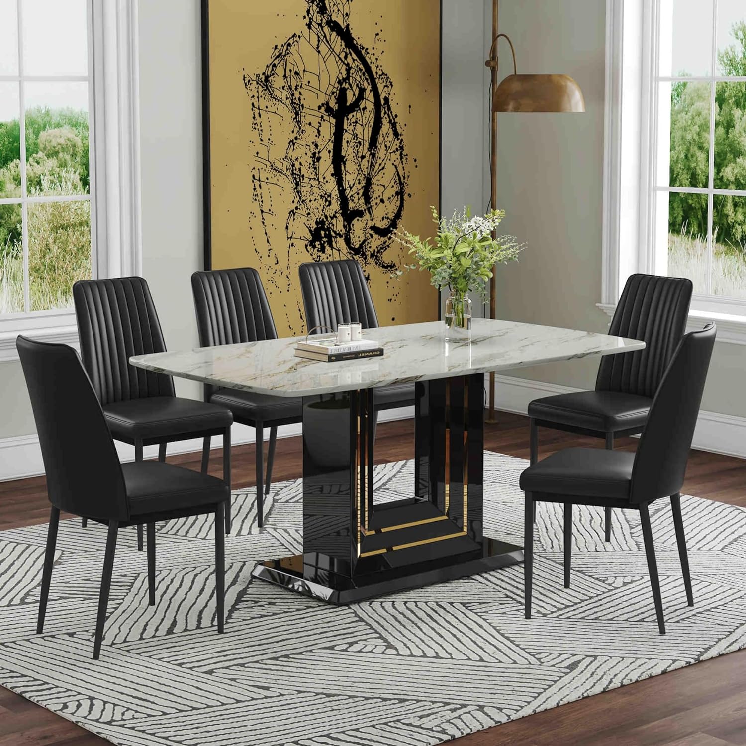 Stylish Furniture for 6 People Modern 7-Piece Dining Table Set with 6 Soft Chairs - Faux Marble Kitchen Table U Shape Table Legs