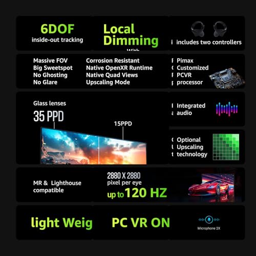 Pimax Crystal Light Prime PCVR Headset - 8K Resolution,QLED Display, Light & Comfortable,High Clarity VR for flight simulator, Compatible with MSFS