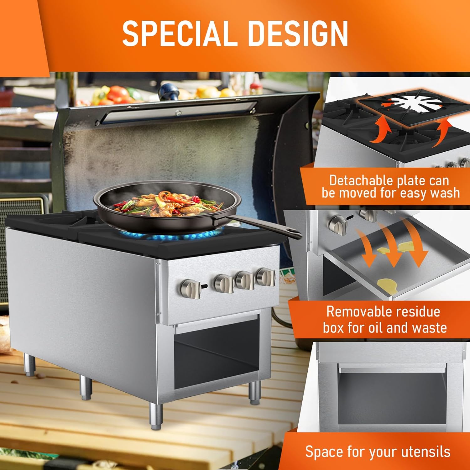 2 Burners Gas Stove, Propane and Natural Gas Commercial Hot Plate, 18"X45" Stainless Steel Wok Countertop Commercial Range, Outdoor Cooker