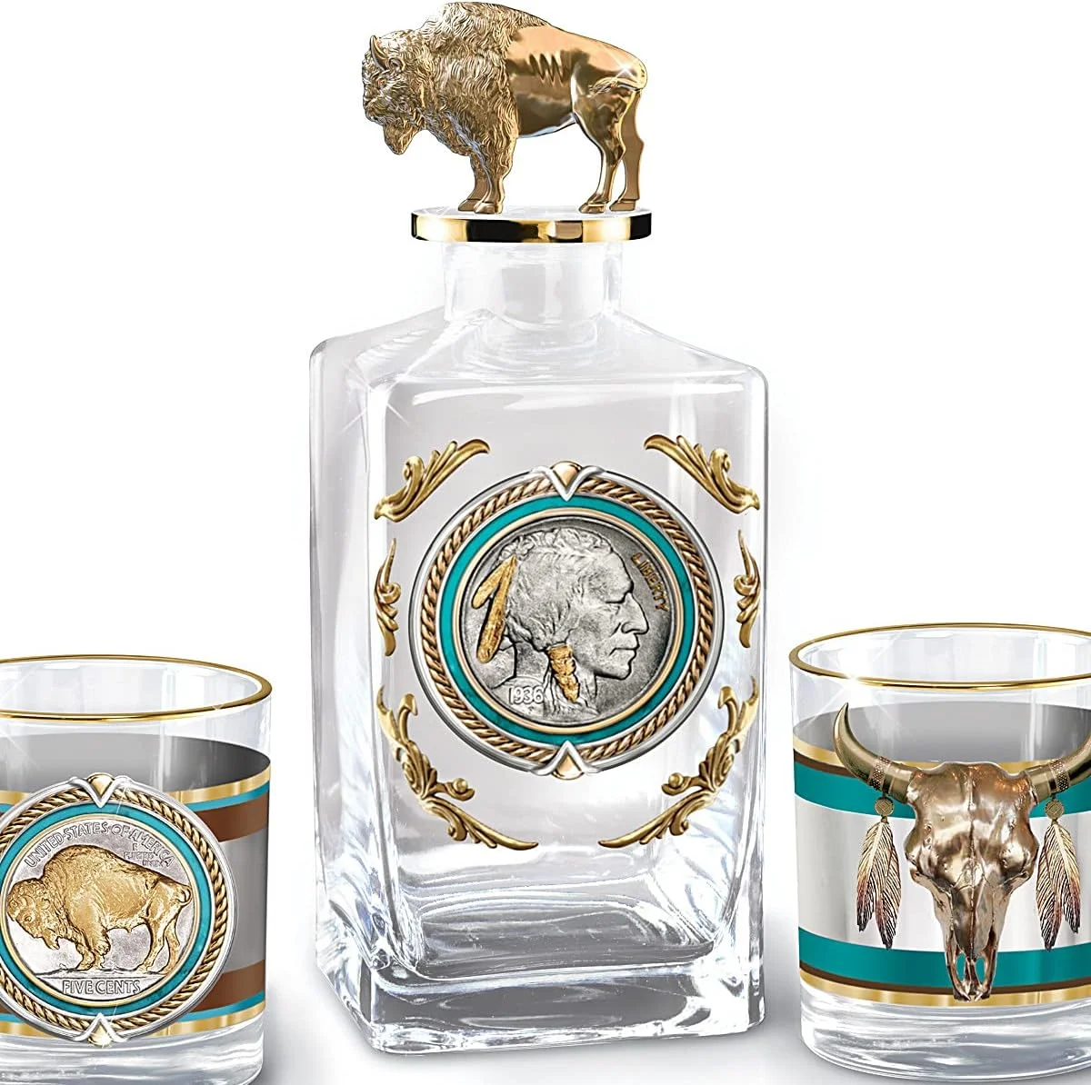 The Bradford Exchange Pride of The West Decanter and Glass Set American Western Buffalo Nickel Inspired Collection with 12K Gold Rims in Satin Gift