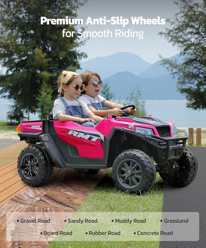 ELEMARA 24V Ride on Toy for Big Kid,Ride on Car 2 Seater w/Sun Shade,Dump Bed & Shovel,4.5MPH,4WD Electric Car for Kids,Battery Car w/Remote