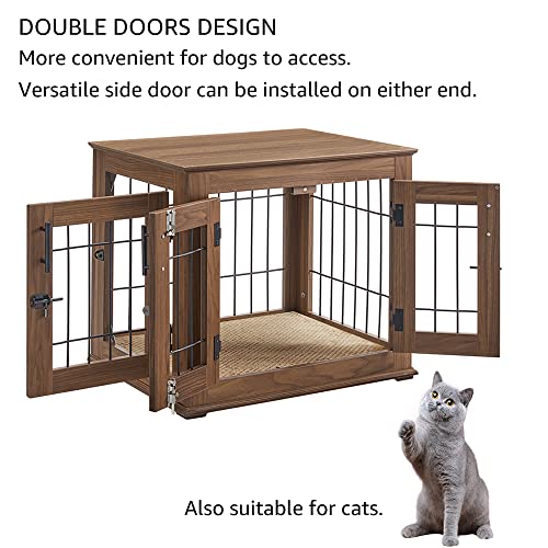 beeNbkks Furniture Style Dog Crate End Table, Double Doors Wooden Wire Dog Kennel with Pet Bed, Decorative Pet Crate Dog House Indoor Medium Large