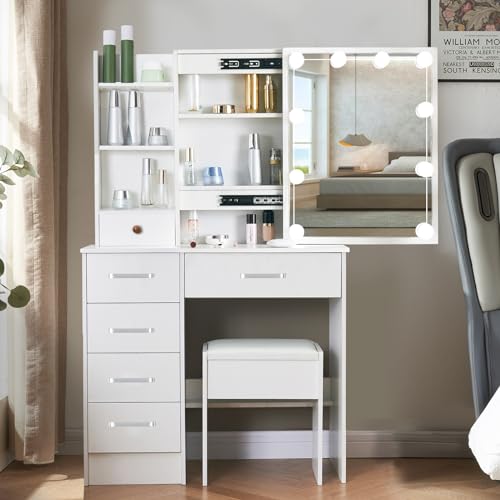 Makeup Vanity Set with Lights & Mirror, Large Vanity Table with Storage Drawers & Stool, Bedroom Dresser Desk Dressing Table for Girls Women (Modern)