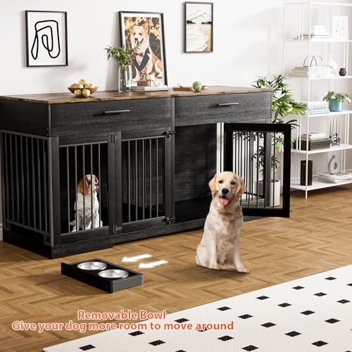 Rophefx 72" Dog Crate Furniture for 2 Dogs, Large Double Dog Kennel Indoor Furniture with 2 Storage Drawers and Removable Divider