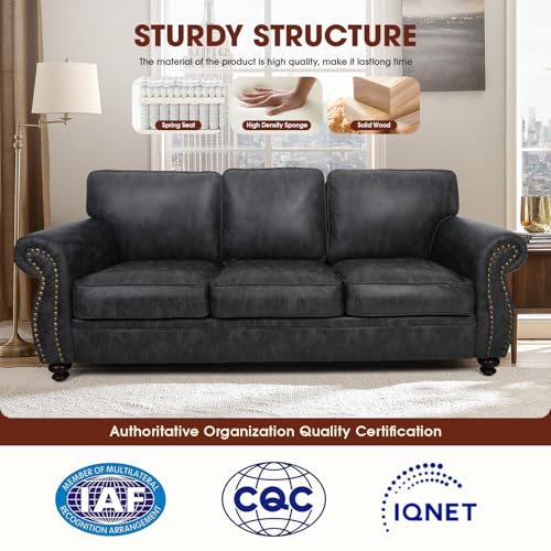 Mid-Century Vintage Sofa Couches with Rivet Design,3-Seater Sofa,Removable Sofa Cover Upholstered Cushions and Solid Wood Frame (Brown, 3-Seater)