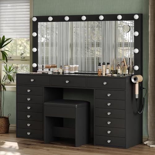 55" W Vanity Desk, Makeup Vanity with Charging Station, 15 Drawers with Lighted Mirror, 3 Lighting Modes, Brightness Adjustable, Glass Top