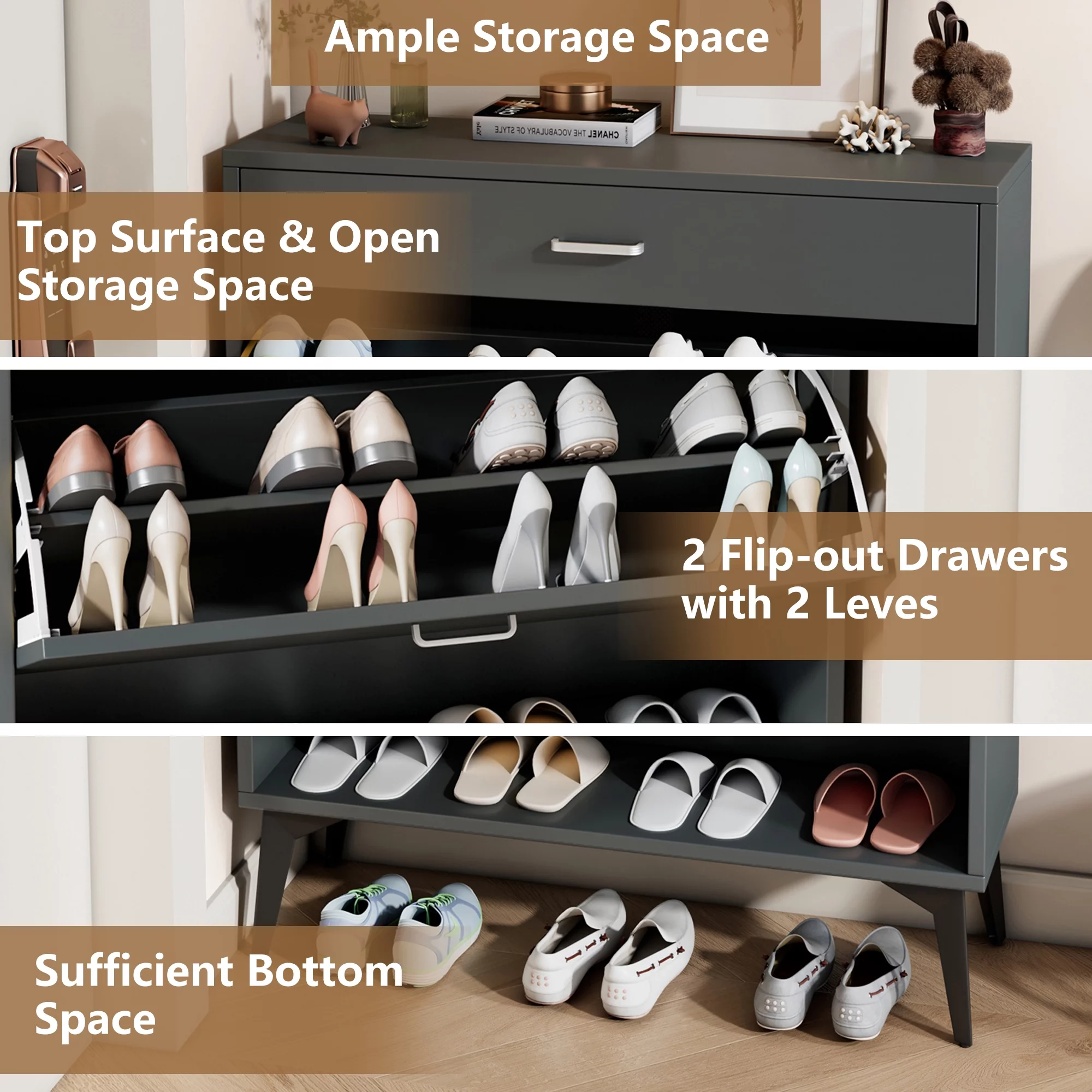 Sesslife Shoe Cabinet with 2 Flip Drawers, Modern 20 Pair Shoe Rack Organizer, Freestanding Tipping Bucket Shoe Storage Cabinet for Entryway, Gray