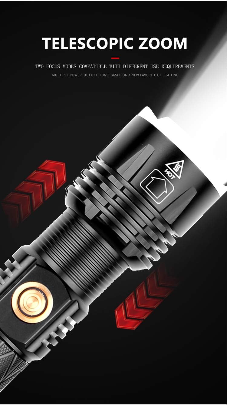High Power XHP90 LED Flashlight 30000 Lumens Ultra Bright XHP90 LED Handheld Flashlight USB Type-C Rechargeable Torch Adjustable Zoomable Waterproof