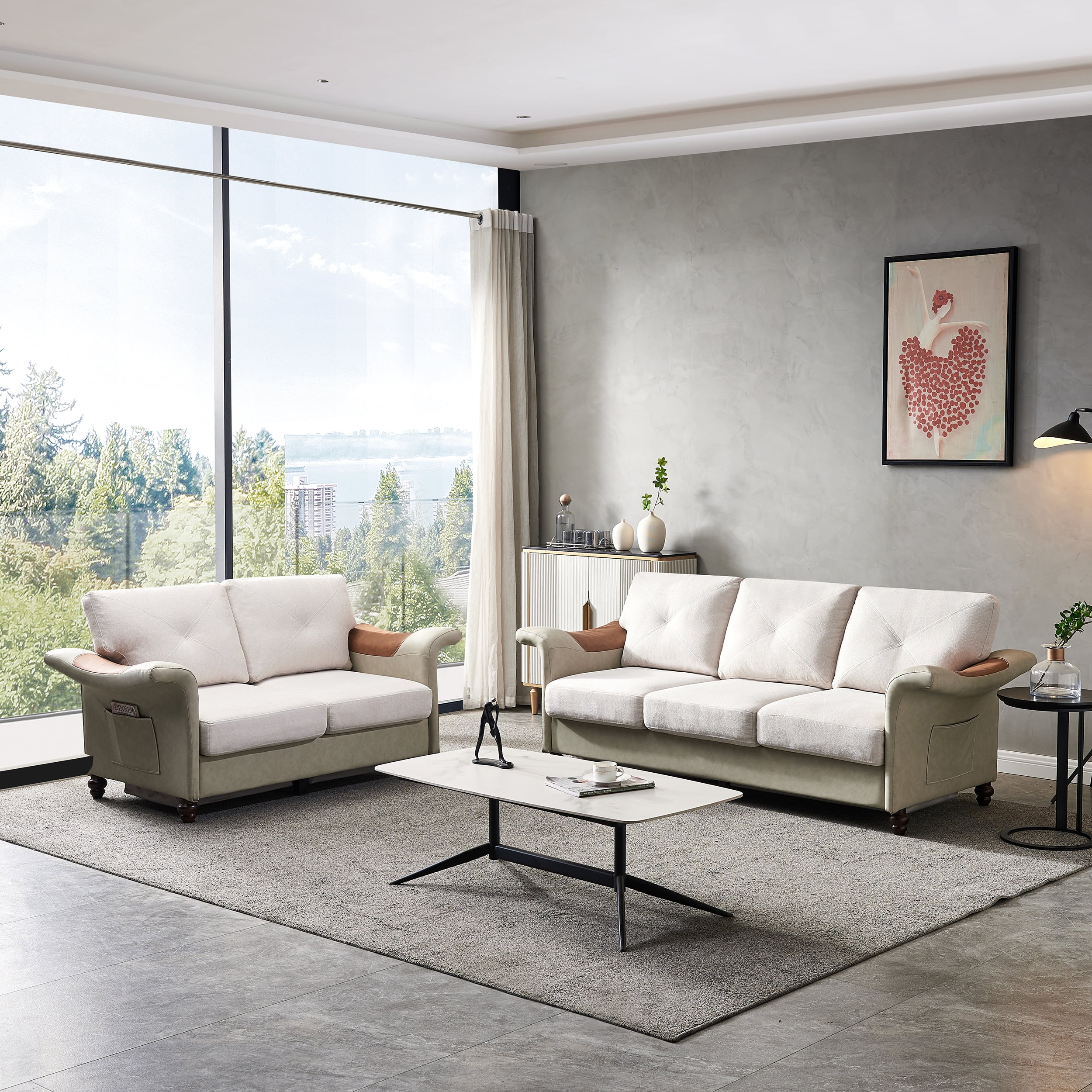 Ucloveria 2 Piece Sectional Sofa Sets, 3+2 Linen Fabric Faux Leather Couch Furniture, Three-Seat Chair & Love Seat