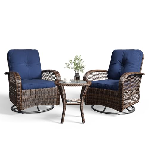 Aoxun 3 Pieces Patio Furniture Set, Patio Swivel Rocker Chairs Set of 2, Wicker Outdoor Bistro Set with Rocking Chair
