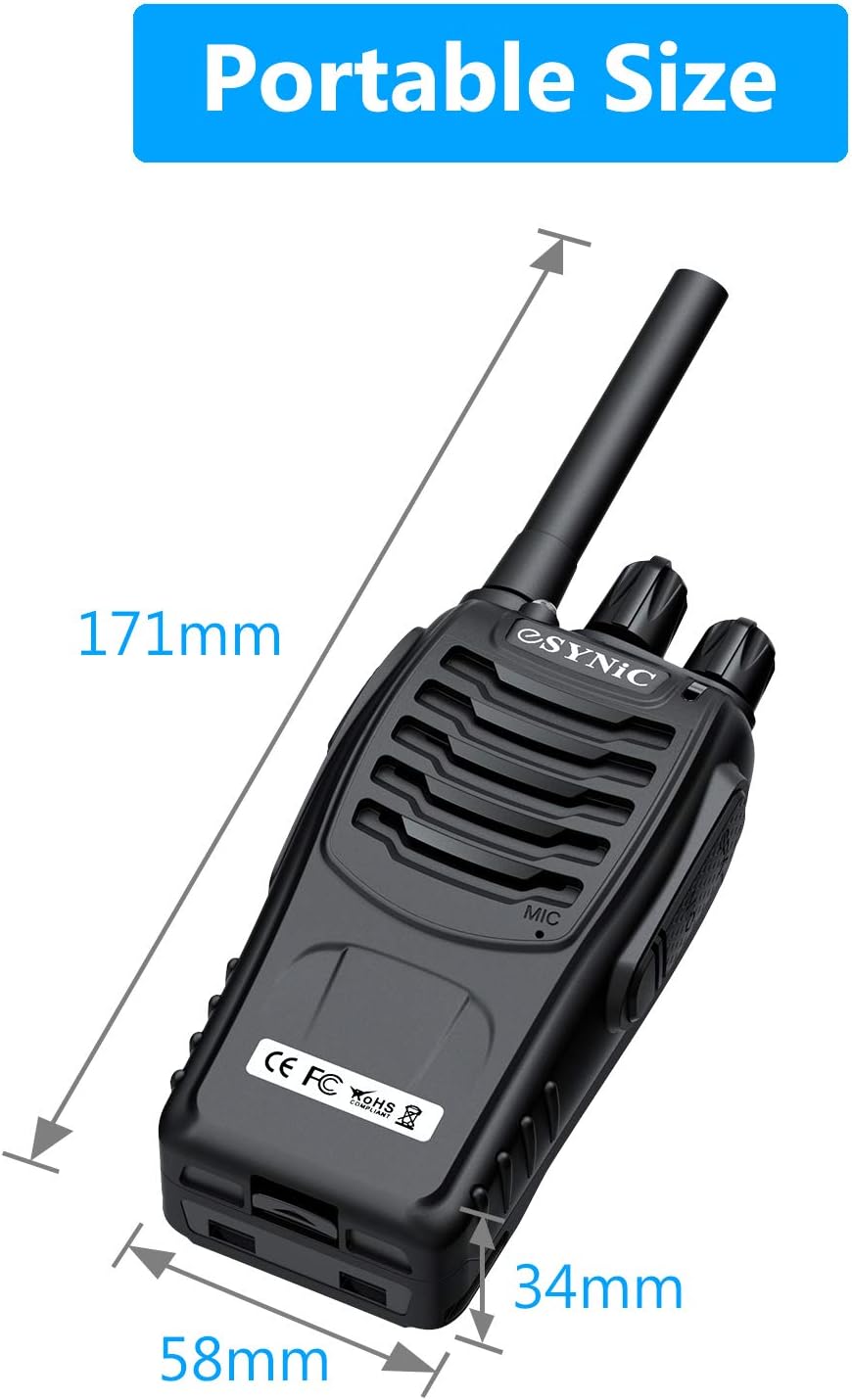 eSynic Rechargeable Walkie Talkies with Earpieces 2pcs Long Range Two-Way Radios 16 Channel USB Cable Charging Walky Talky Handheld Transceiver with